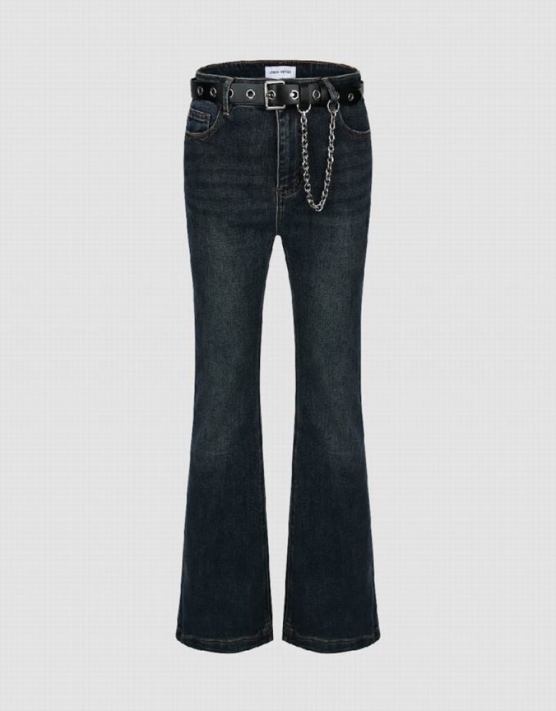 Blue Urban Revivo Flare With Belt Women\'s Jeans | DXTOKG-617