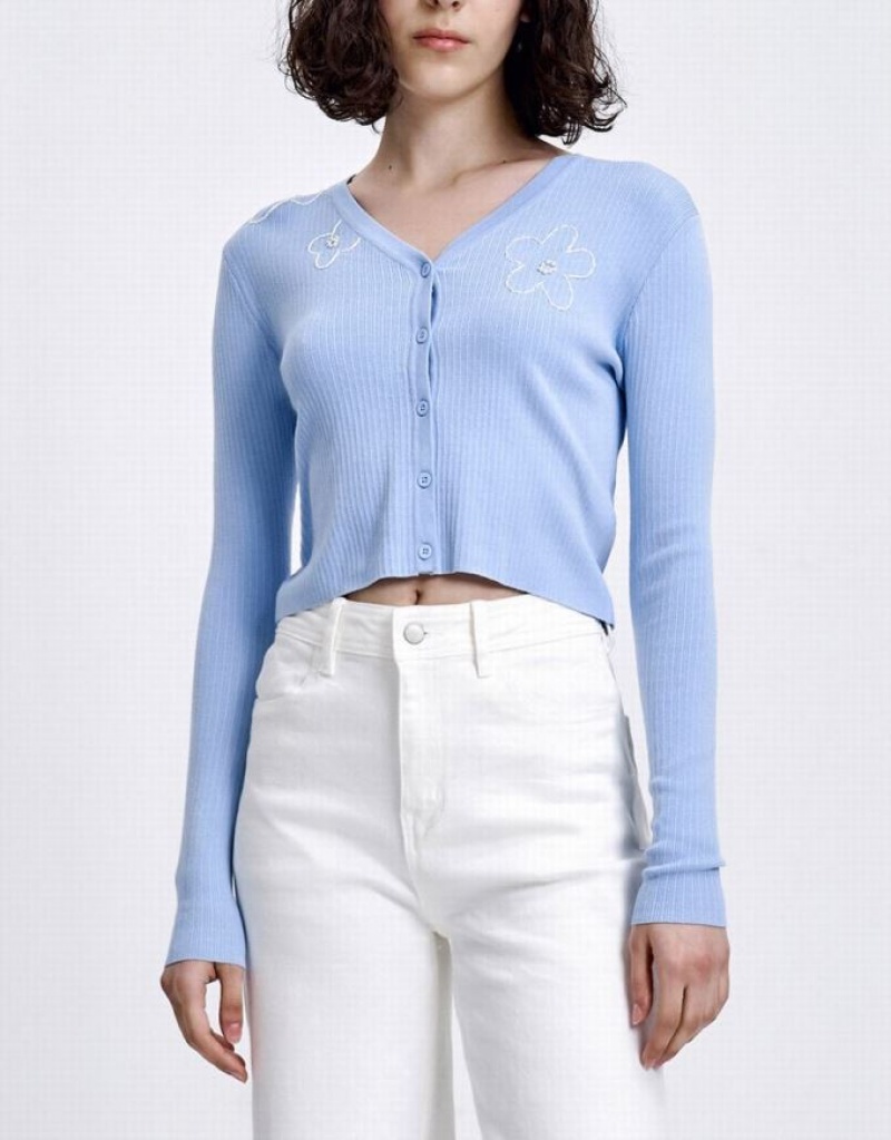 Blue Urban Revivo Floral Embroidery Button Up Women's Cardigan | HLAVDW-241