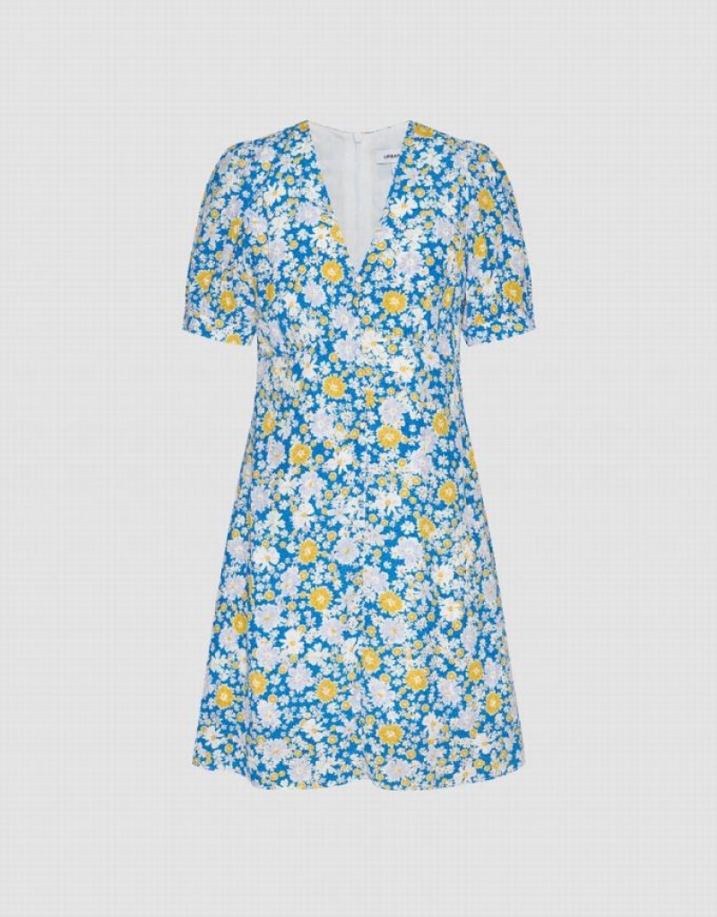 Blue Urban Revivo Floral Printed V-Neck A-Line Women's Dress | MQSVHK-704