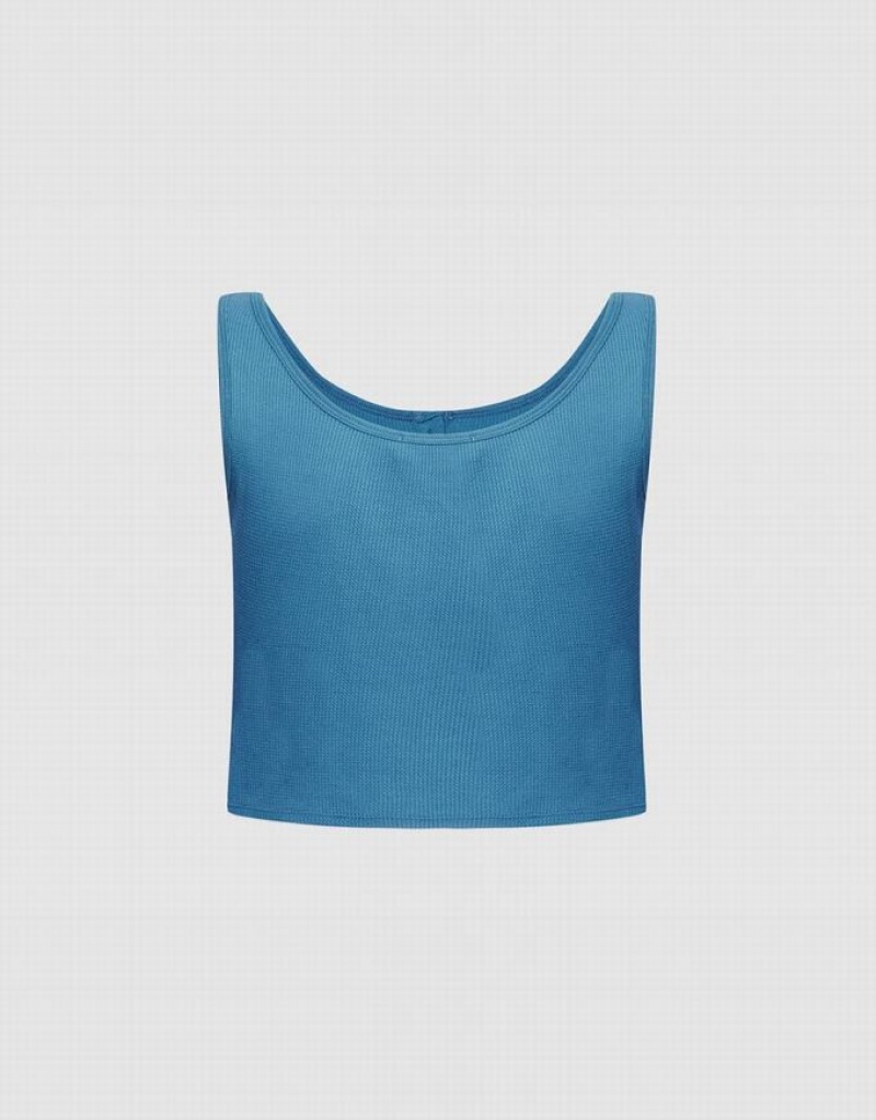 Blue Urban Revivo Half Button Ribbed Knit Women's Tank Top | YMWULD-182