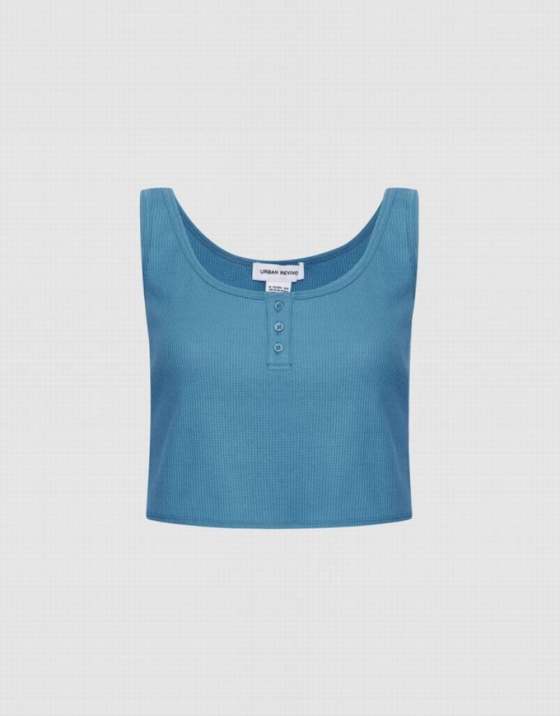 Blue Urban Revivo Half Button Ribbed Knit Women\'s Tank Top | YMWULD-182
