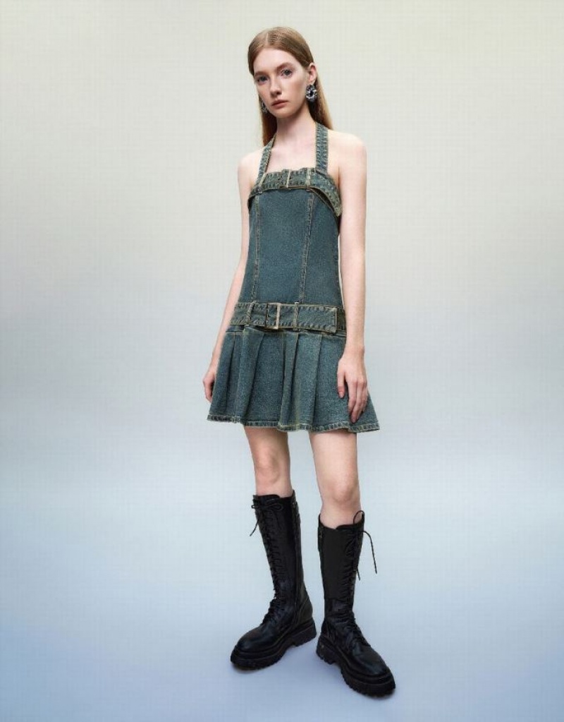 Blue Urban Revivo Halter Neck With Belt Women's Denim Dress | UXSLZF-876