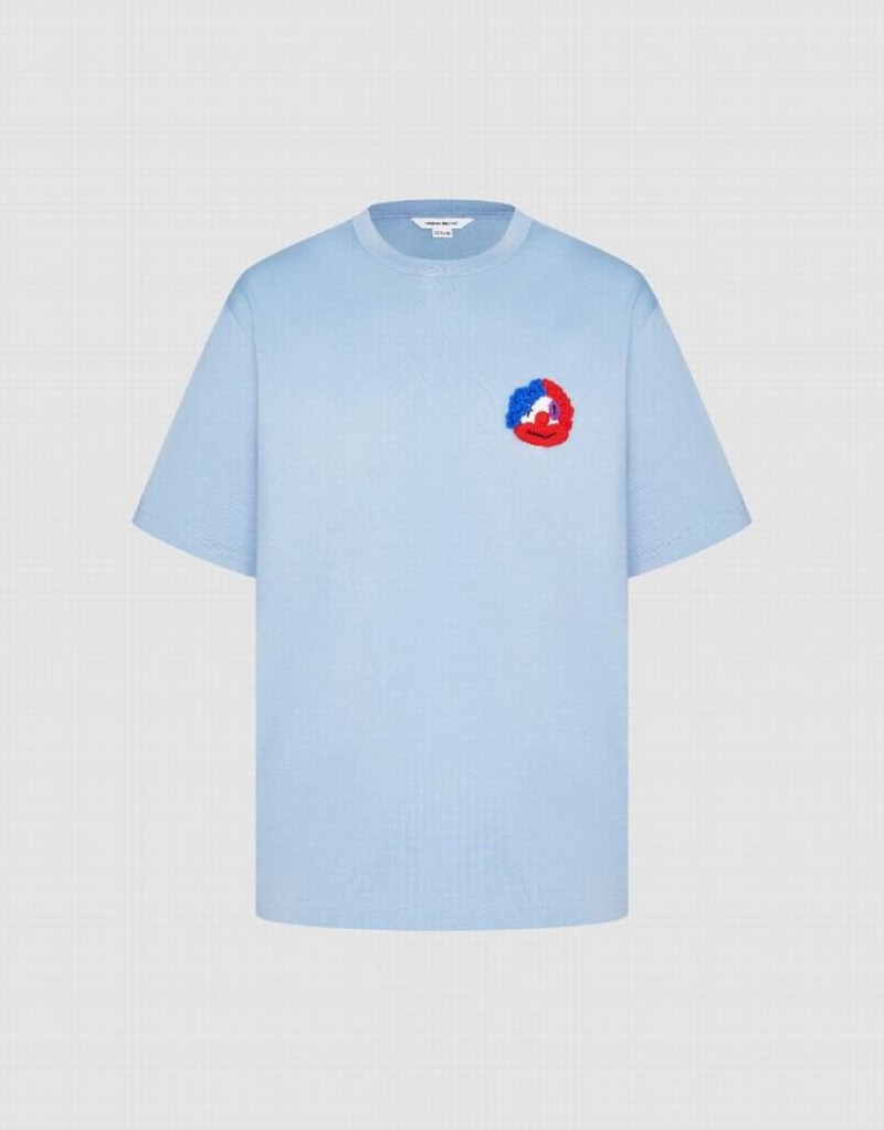Blue Urban Revivo Joker Embossed Crew Neck Men's T-Shirts | PHYZWI-159