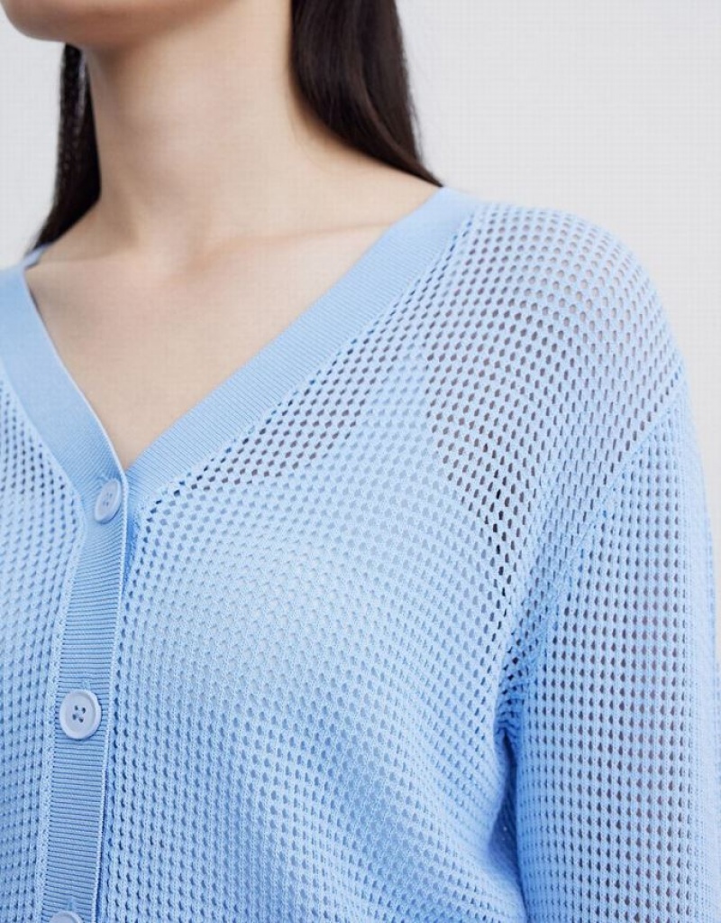 Blue Urban Revivo Knitted Button Up Women's Cardigan | VTAKIQ-821
