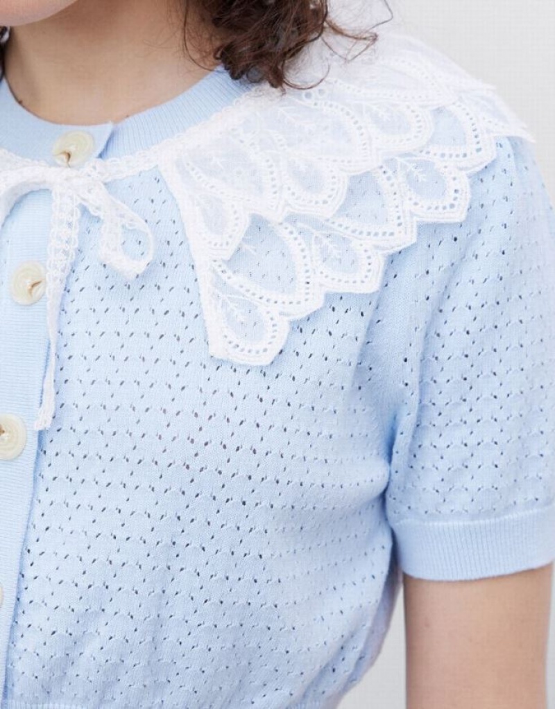 Blue Urban Revivo Lace Collar Pointelle Button Up Women's Cardigan | LKYBQU-821