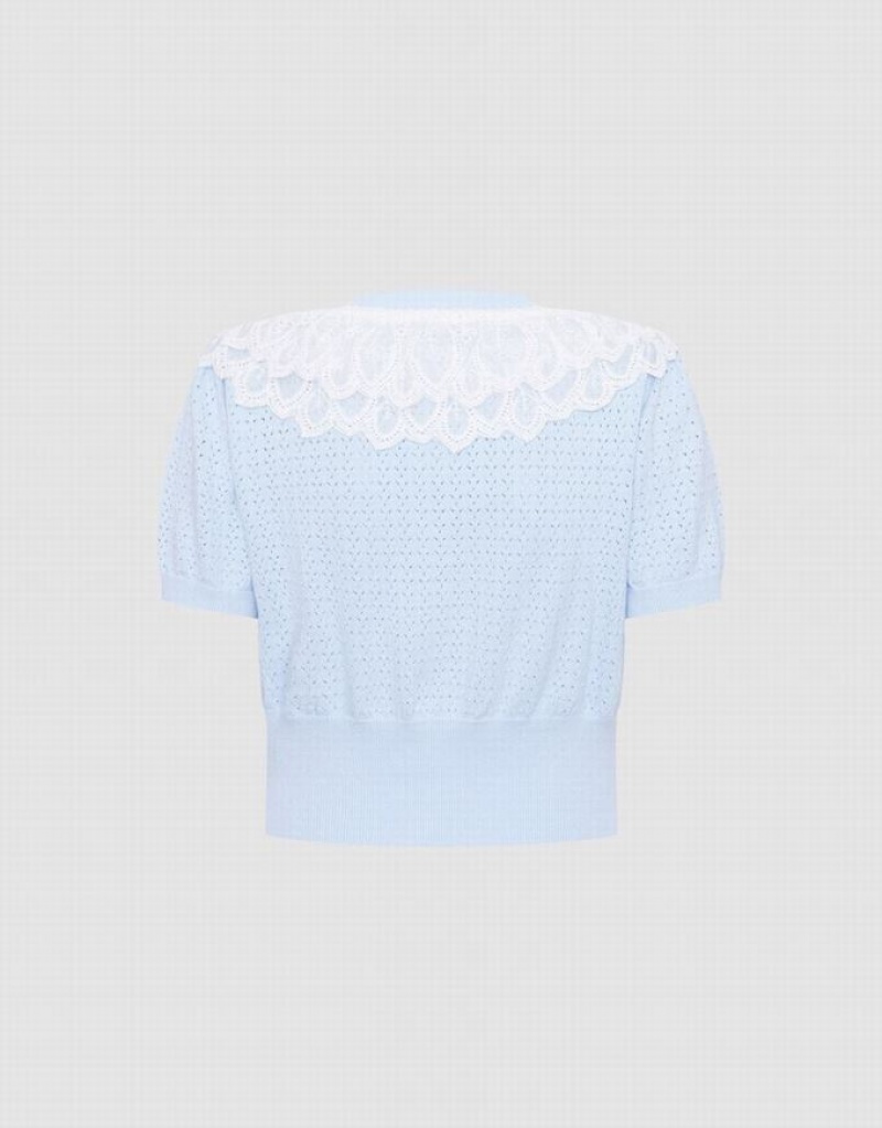 Blue Urban Revivo Lace Collar Pointelle Button Up Women's Cardigan | LKYBQU-821
