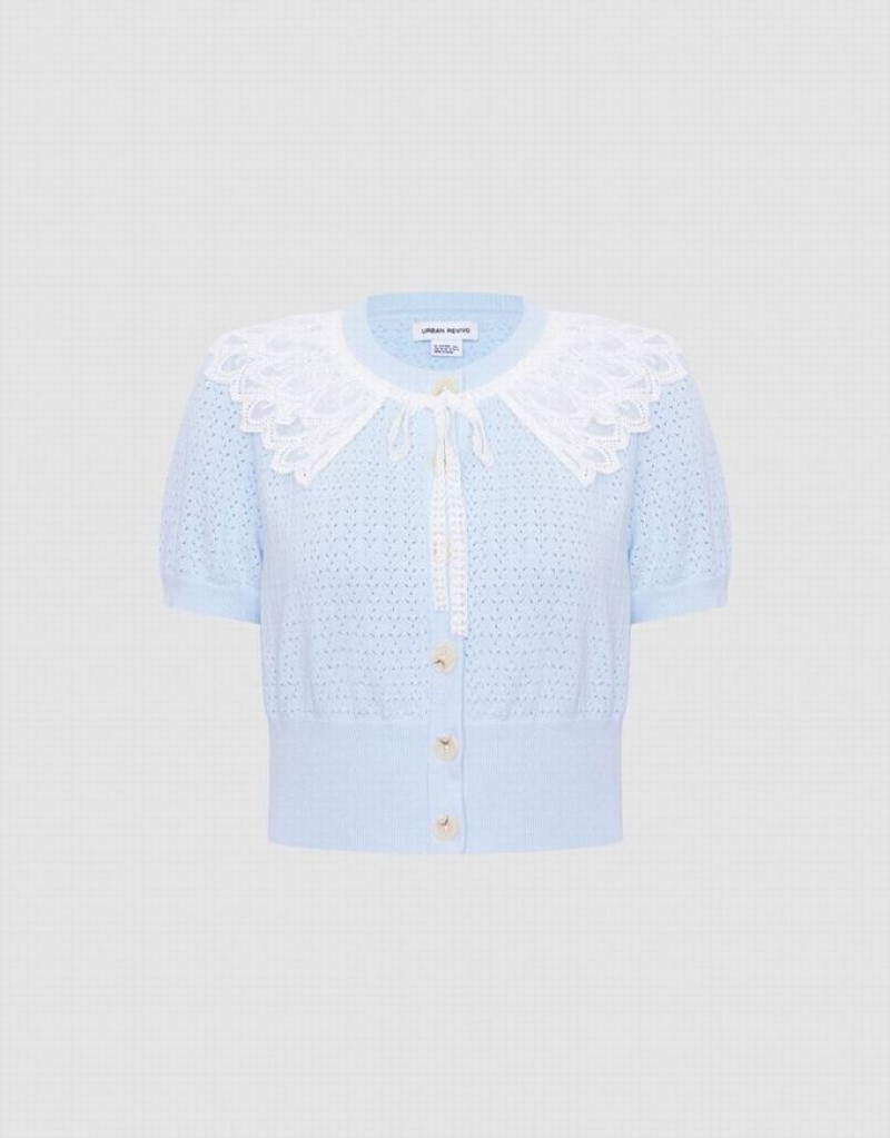 Blue Urban Revivo Lace Collar Pointelle Button Up Women\'s Cardigan | LKYBQU-821