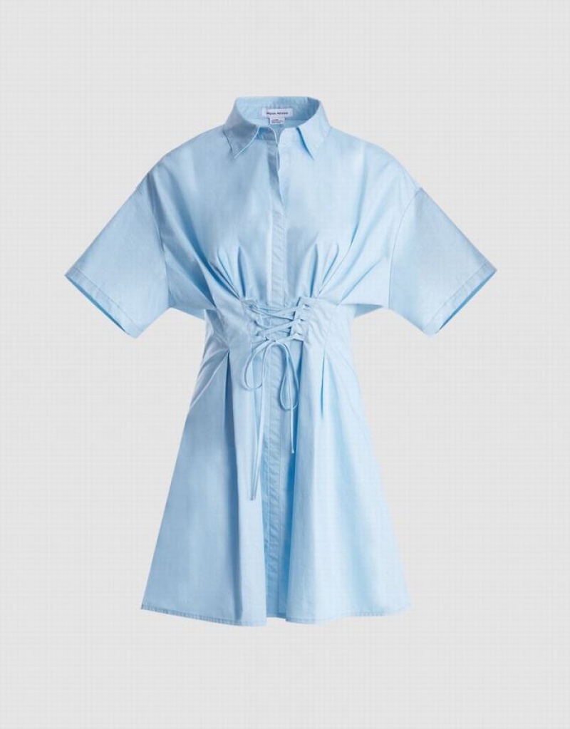 Blue Urban Revivo Lace Up Detail Women\'s Shirt Dress | PFOKJY-489