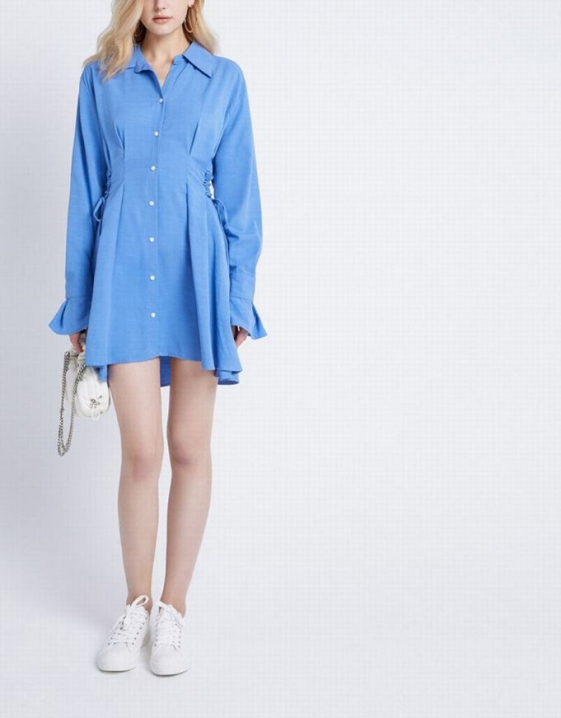 Blue Urban Revivo Lace Up Side Women's Shirt Dress | KRXWDQ-254