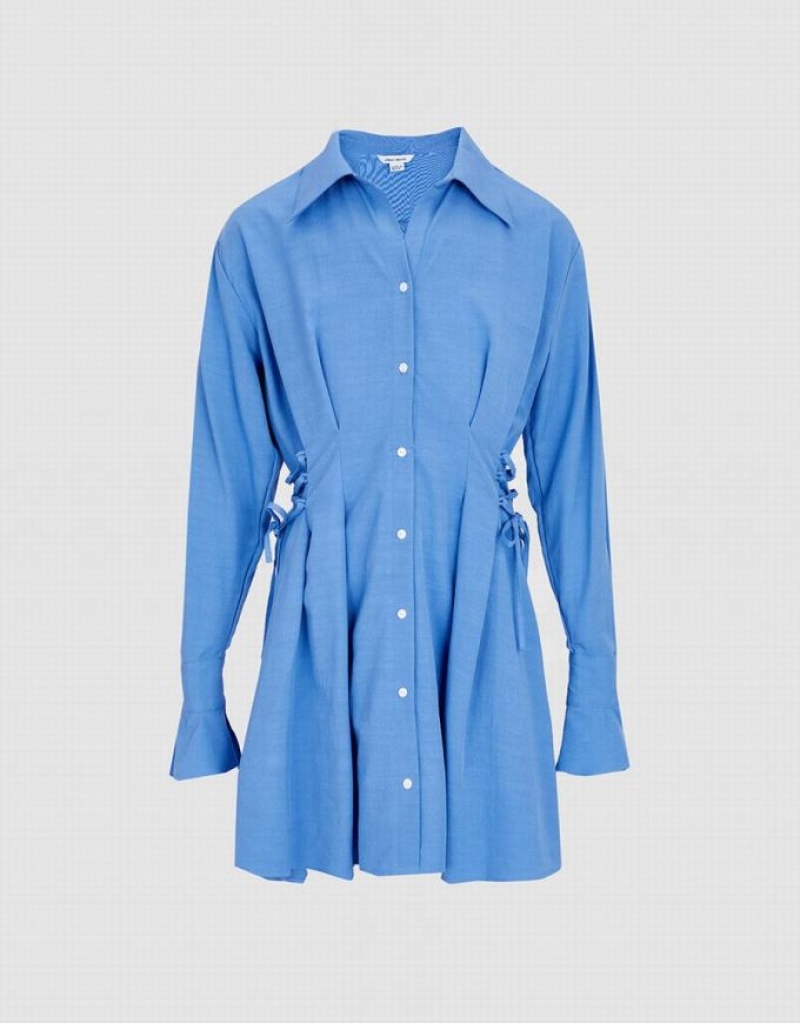 Blue Urban Revivo Lace Up Side Women\'s Shirt Dress | KRXWDQ-254