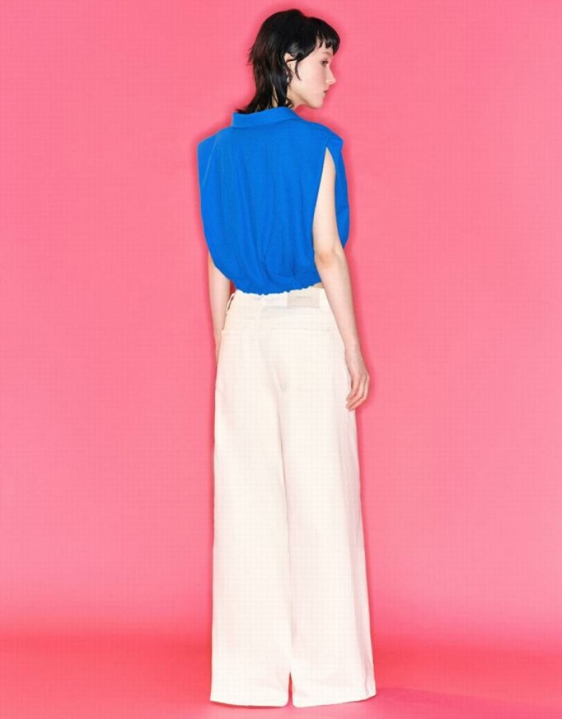 Blue Urban Revivo Lapel Crop Women's Tank Top | YUBECZ-926