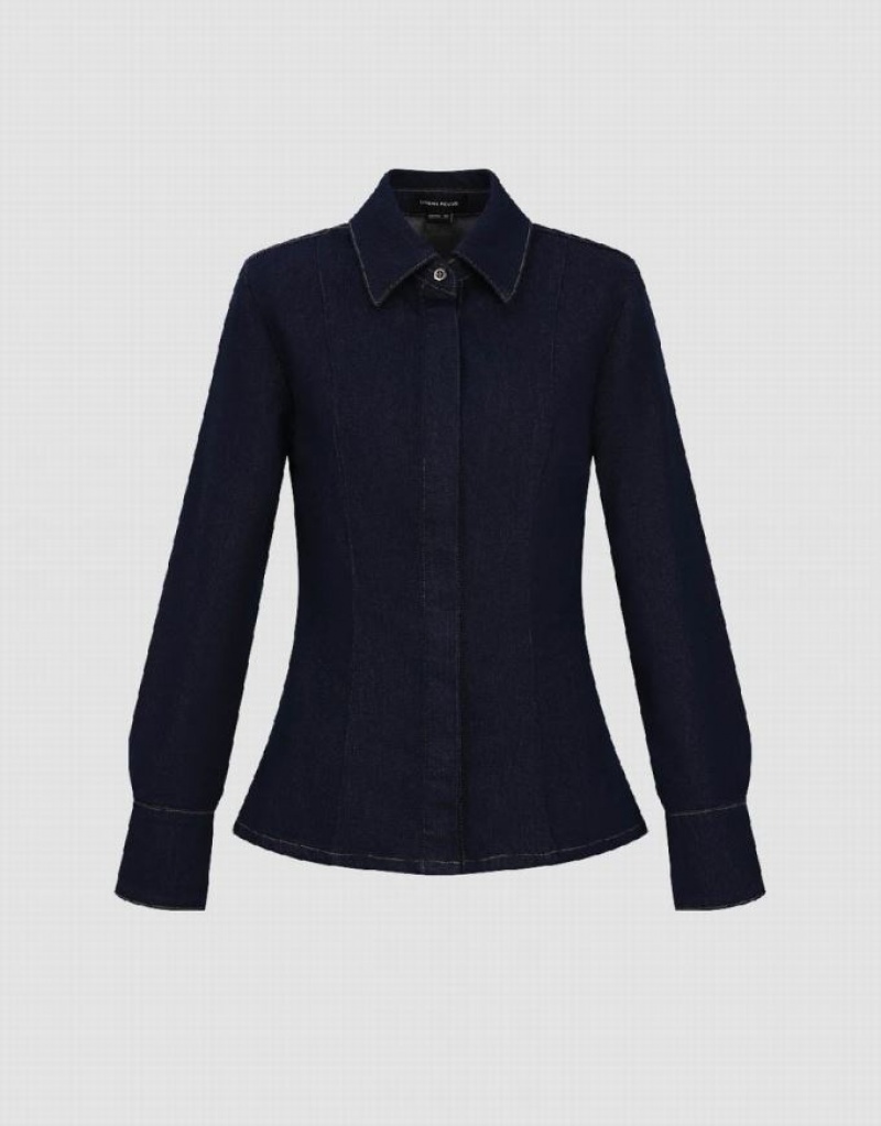 Blue Urban Revivo Lapel Denim Women's Shirts | WLFQHI-421