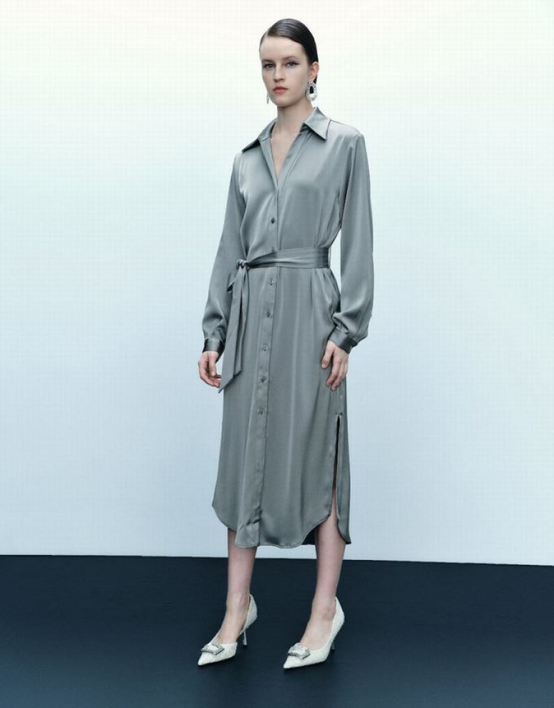 Blue Urban Revivo Lapel Straight Women's Dress | TKFMYW-918