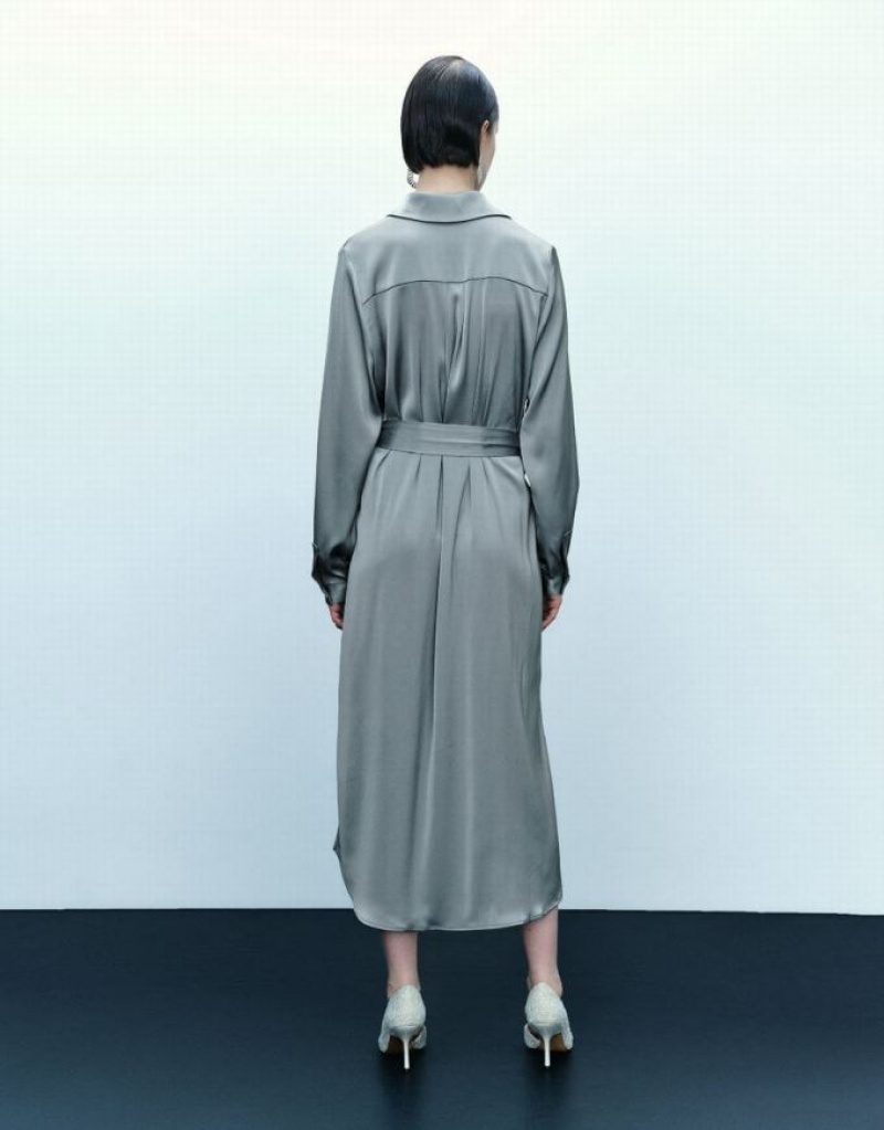 Blue Urban Revivo Lapel Straight Women's Dress | TKFMYW-918