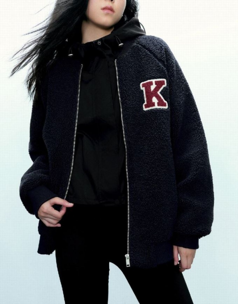 Blue Urban Revivo Letter Embroidered Zipper Front Women's Jacket | KVWUMH-941