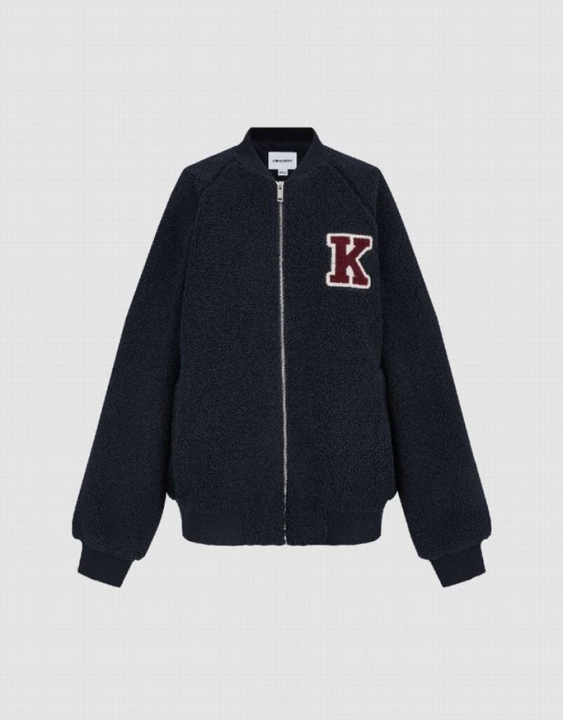 Blue Urban Revivo Letter Embroidered Zipper Front Women\'s Jacket | KVWUMH-941