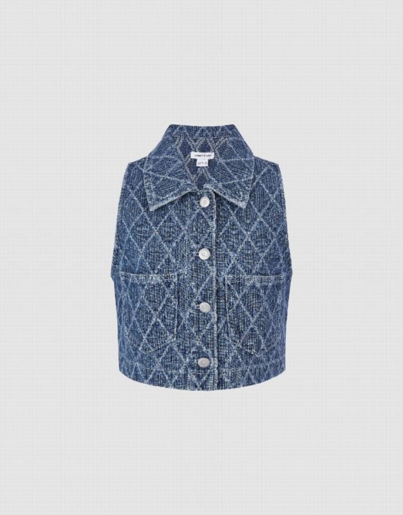 Blue Urban Revivo Lozenge Denim Women's Shirts | IKWODU-092