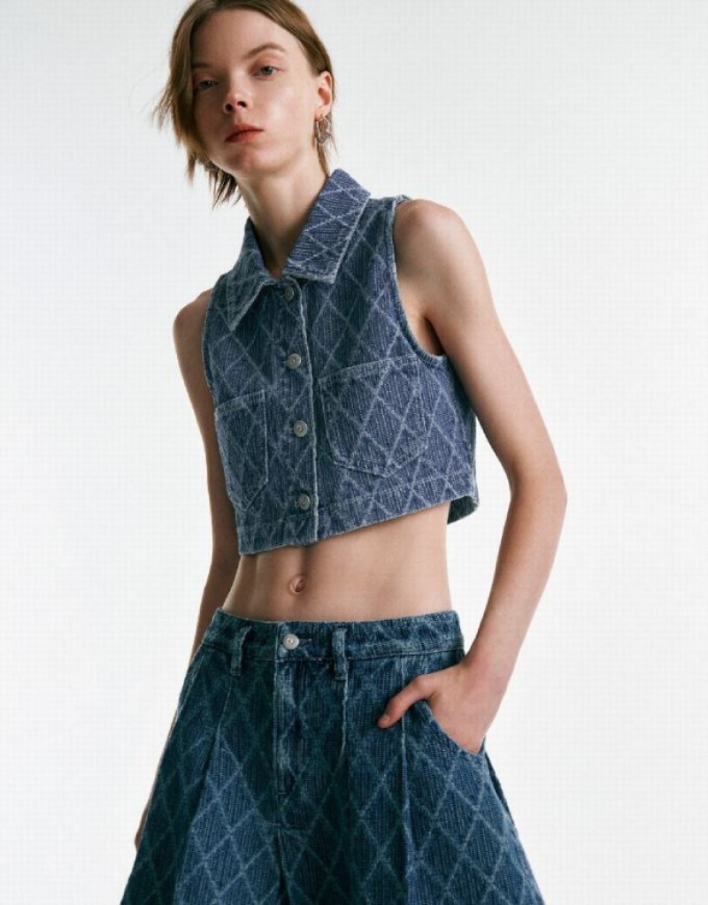 Blue Urban Revivo Lozenge Denim Women's Shirts | IKWODU-092