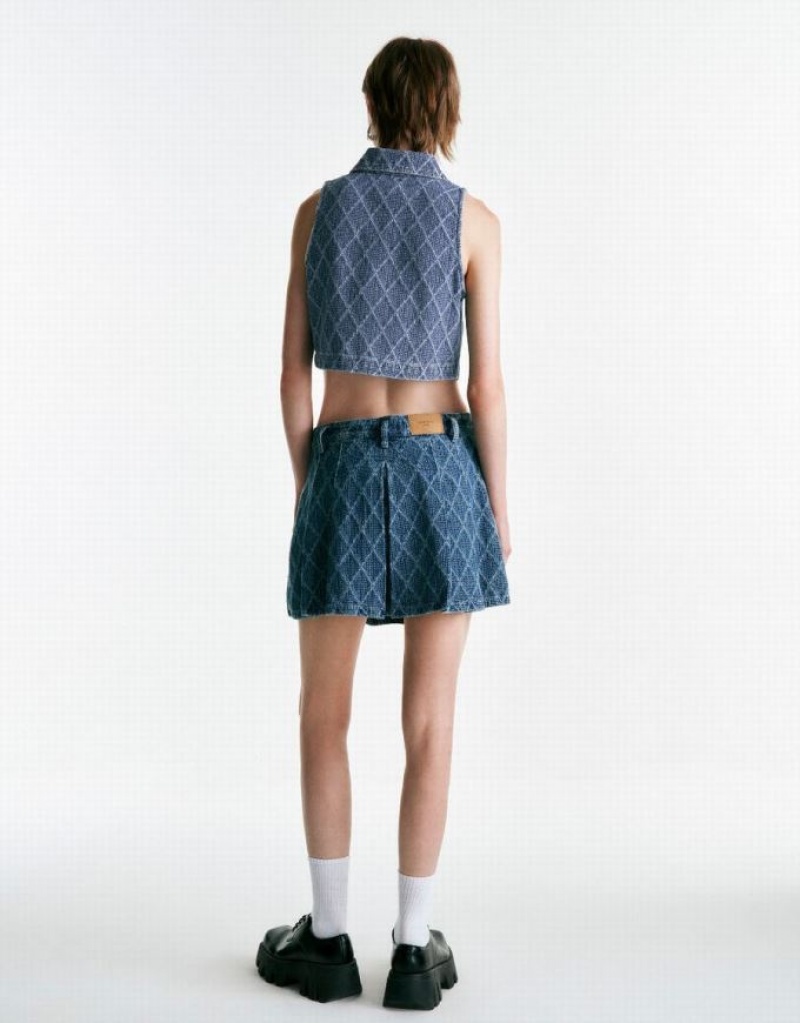 Blue Urban Revivo Lozenge Denim Women's Shirts | IKWODU-092