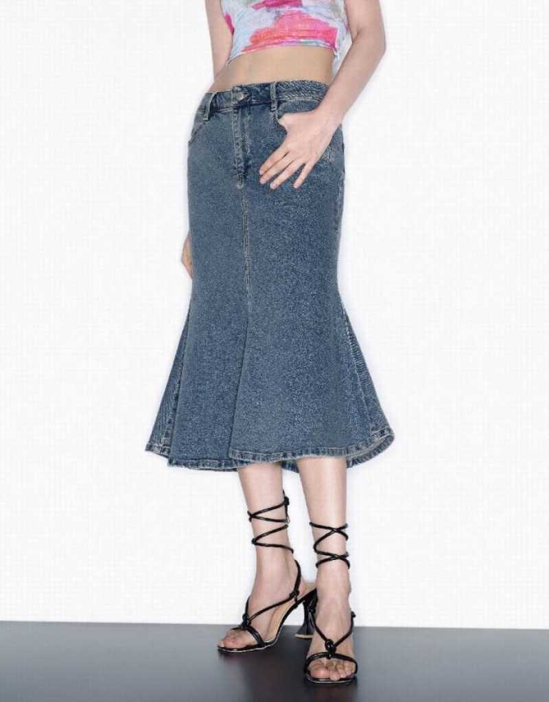 Blue Urban Revivo Midi Fishtail Women's Denim Skirt | UYPTHS-142