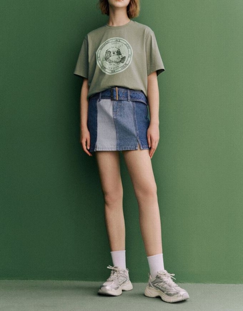 Blue Urban Revivo Mini A-Line With Belt Women's Denim Skirt | FYQAMD-682