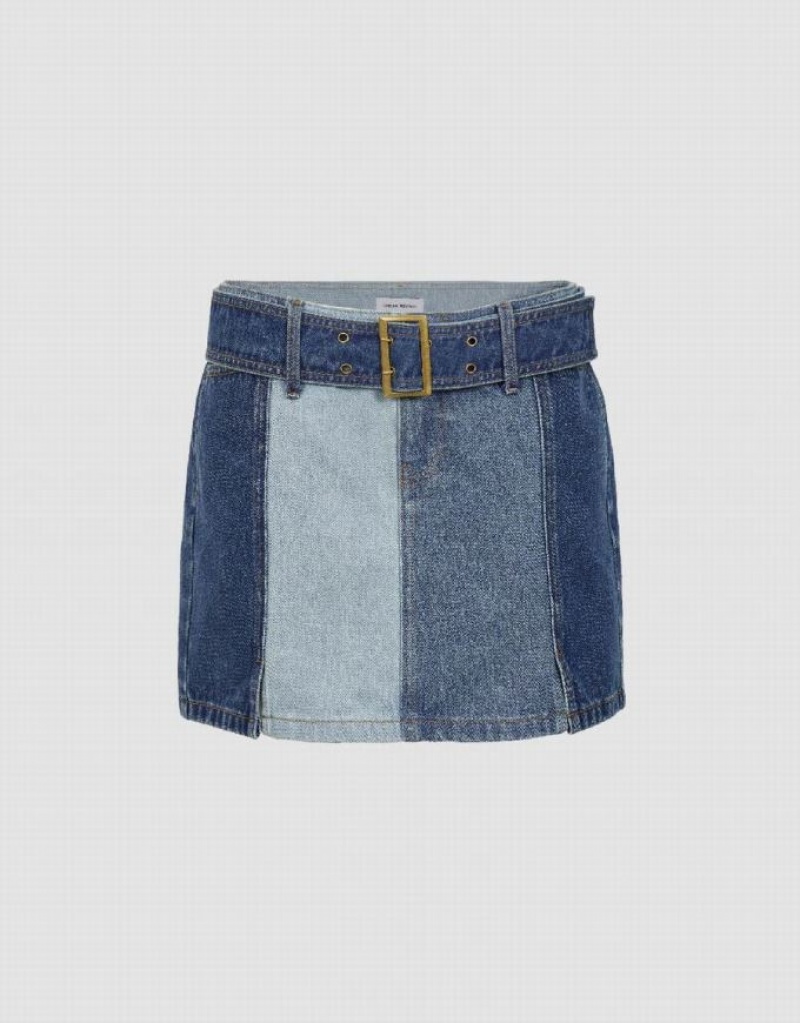 Blue Urban Revivo Mini A-Line With Belt Women\'s Denim Skirt | FYQAMD-682
