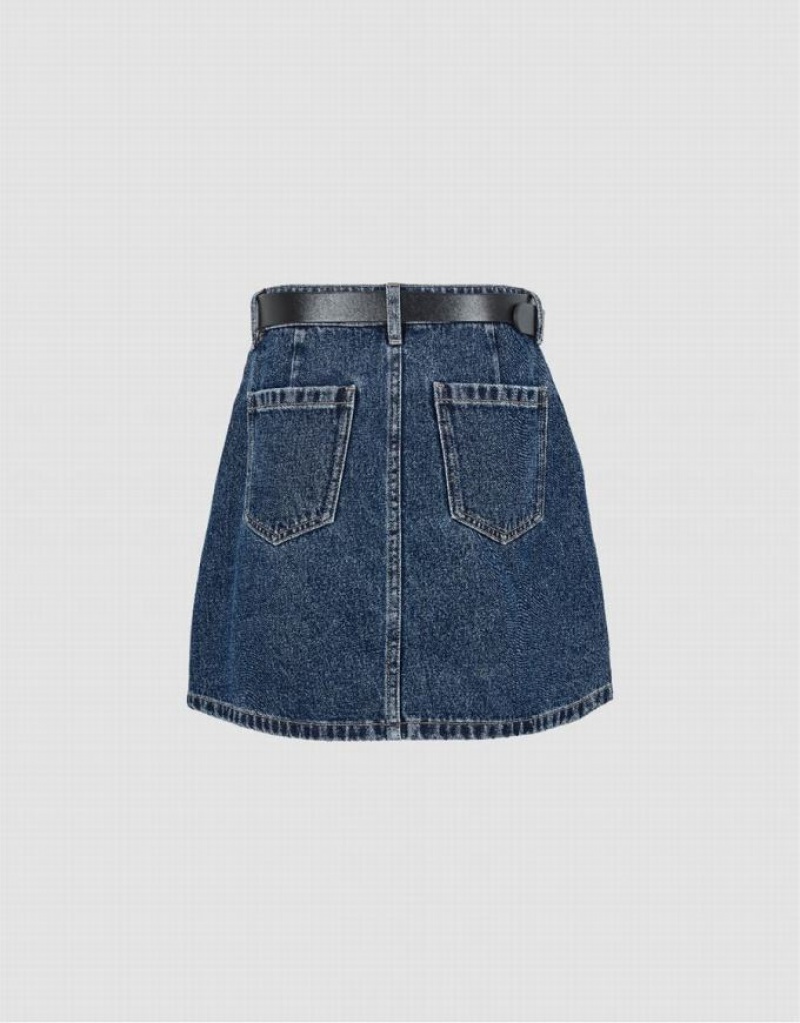 Blue Urban Revivo Mini A-Line With Belt Women's Denim Skirt | IXVYFG-438