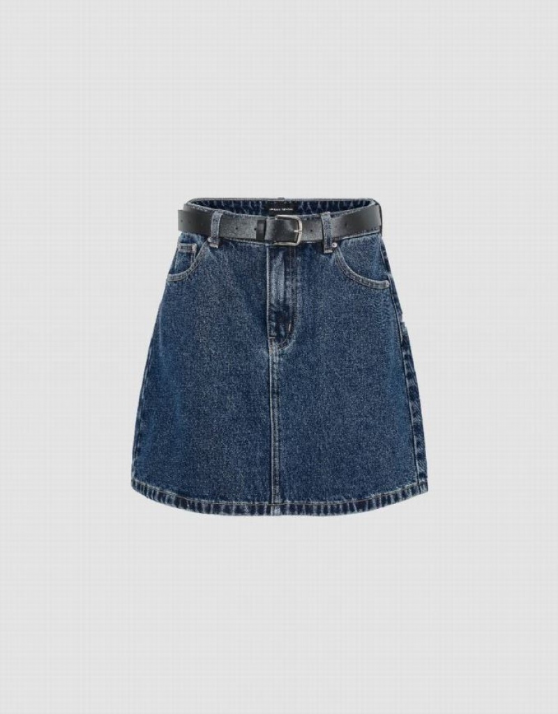 Blue Urban Revivo Mini A-Line With Belt Women\'s Denim Skirt | IXVYFG-438