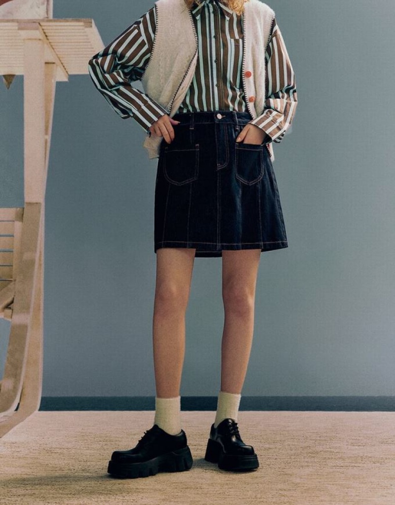 Blue Urban Revivo Mini A-Line Women's Denim Skirt | XQIYRF-710