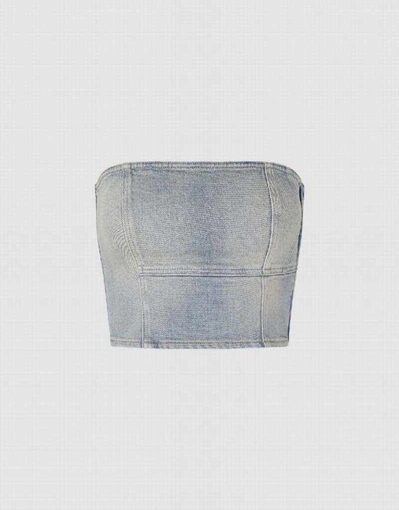 Blue Urban Revivo Off-Shoulder Denim Tube Top Women's Shirts | AEPGMK-329