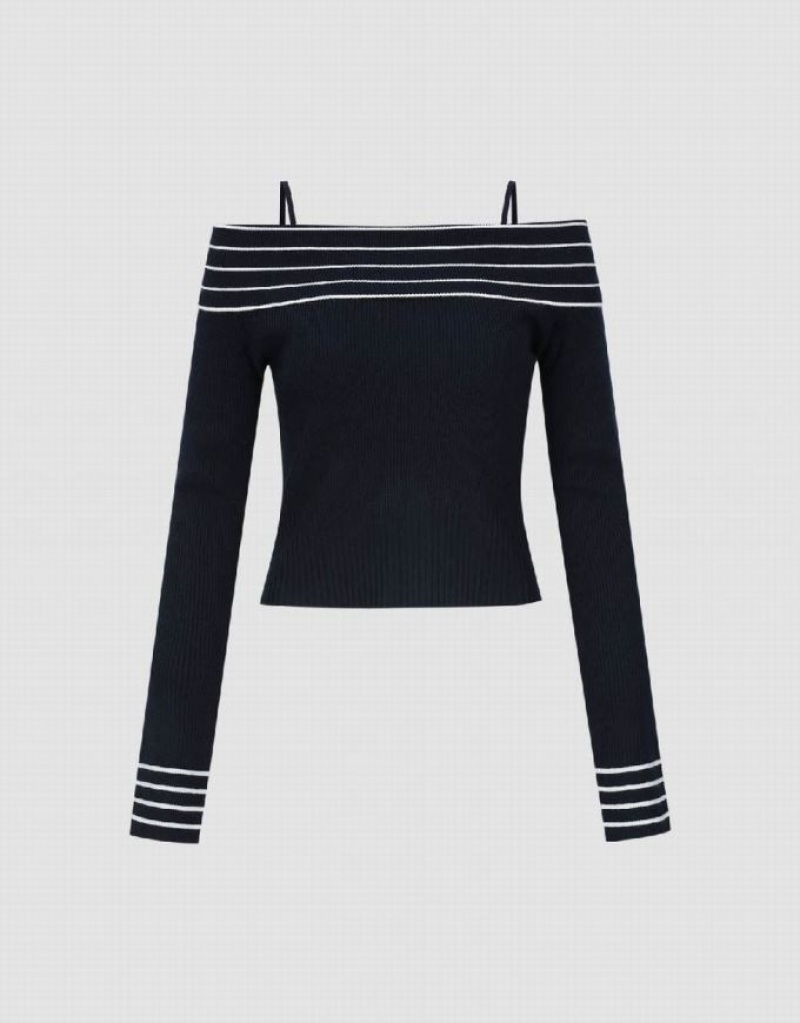 Blue Urban Revivo Off-Shoulder Knitted Women's Cardigan | QPEOGH-897