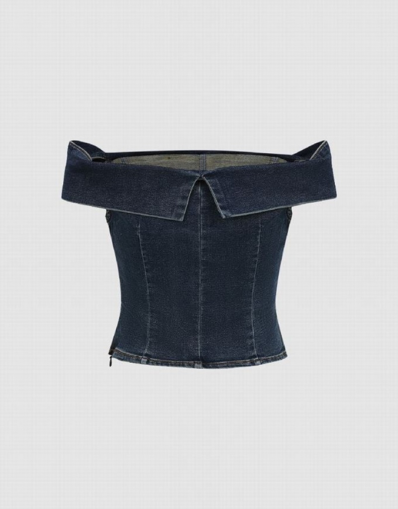 Blue Urban Revivo Off Shoulder Denim Top Women's Shirts | OLUFRN-457