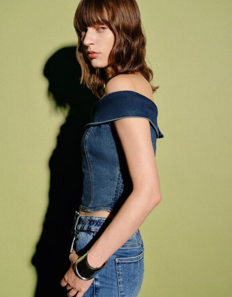Blue Urban Revivo Off Shoulder Denim Top Women's Shirts | OLUFRN-457