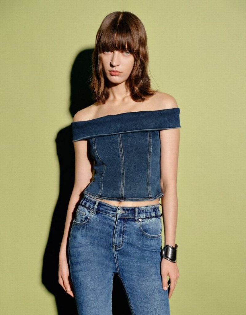 Blue Urban Revivo Off Shoulder Denim Top Women\'s Shirts | OLUFRN-457
