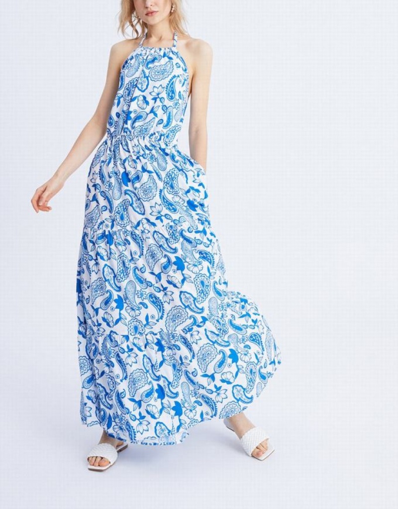 Blue Urban Revivo Paisley Print Halter Maxi Women's Maxi Dress | ROCXIF-548