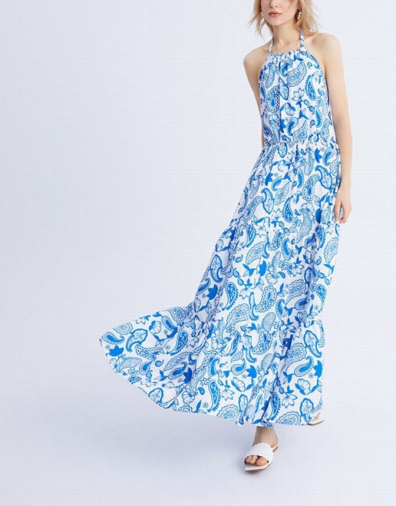 Blue Urban Revivo Paisley Print Halter Maxi Women's Maxi Dress | ROCXIF-548