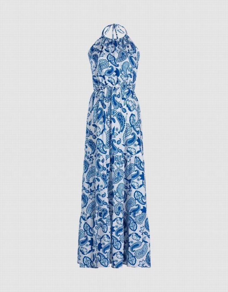 Blue Urban Revivo Paisley Print Halter Maxi Women\'s Maxi Dress | ROCXIF-548