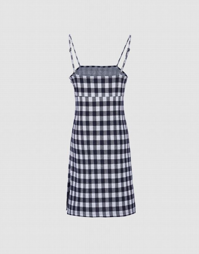 Blue Urban Revivo Plaid Cami Women's Knitted Dress | GIRSNO-143