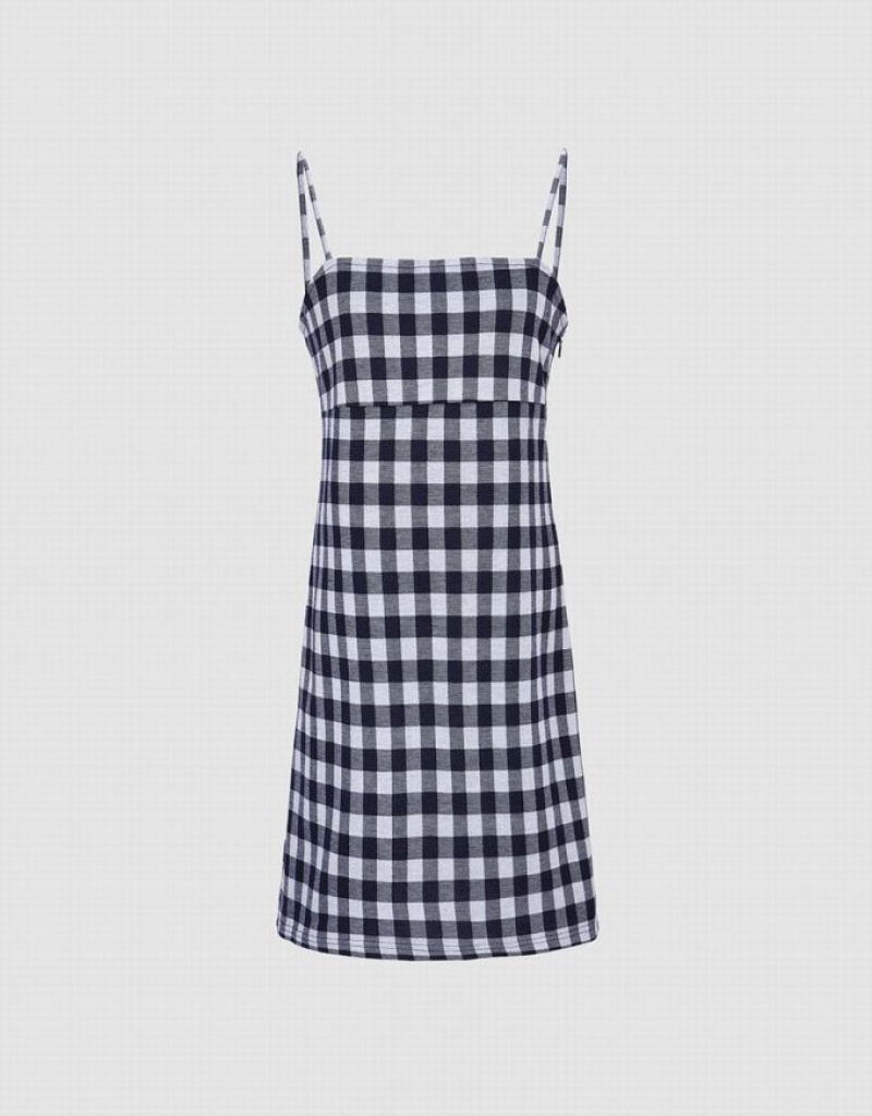 Blue Urban Revivo Plaid Cami Women\'s Knitted Dress | GIRSNO-143