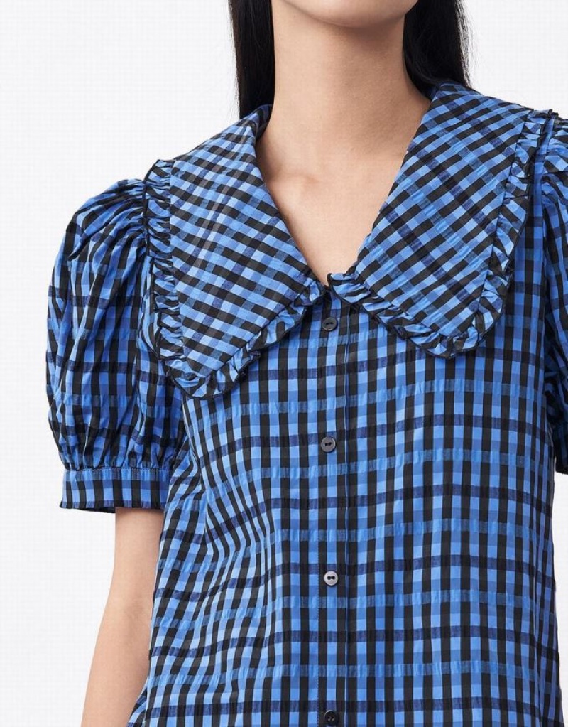 Blue Urban Revivo Plaid Puff Sleeve Ruffle Hem Women's Casual Dress | SAJFYP-693