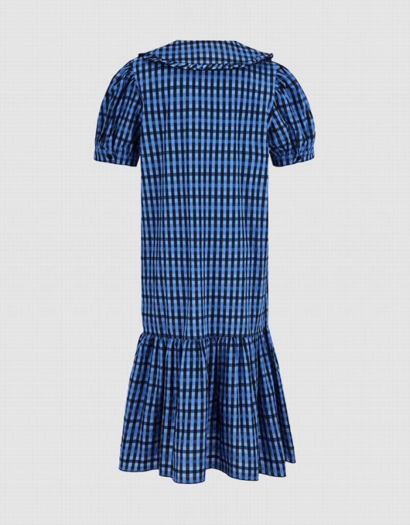 Blue Urban Revivo Plaid Puff Sleeve Ruffle Hem Women's Casual Dress | SAJFYP-693