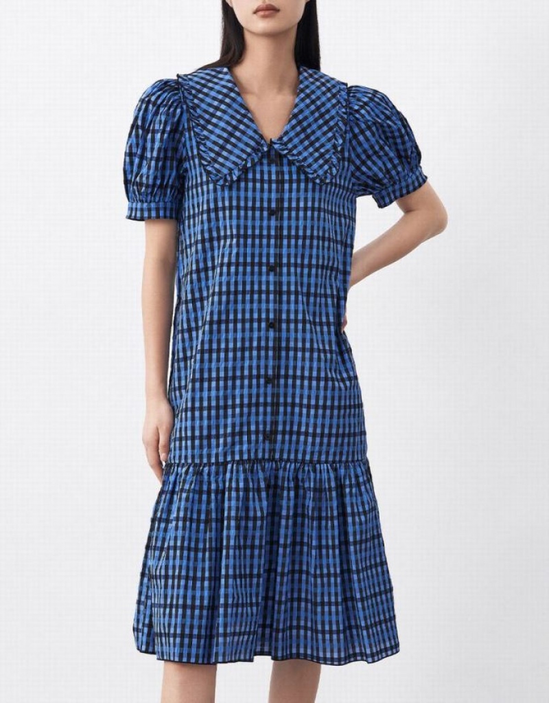 Blue Urban Revivo Plaid Puff Sleeve Ruffle Hem Women's Casual Dress | SAJFYP-693