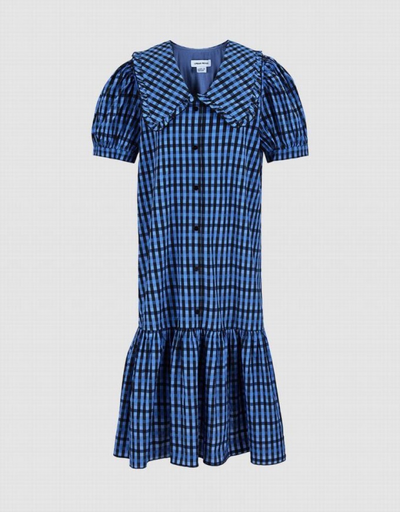 Blue Urban Revivo Plaid Puff Sleeve Ruffle Hem Women\'s Casual Dress | SAJFYP-693