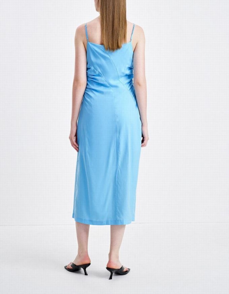 Blue Urban Revivo Plain Ruched Cami Women's Dress | PZOCGI-317