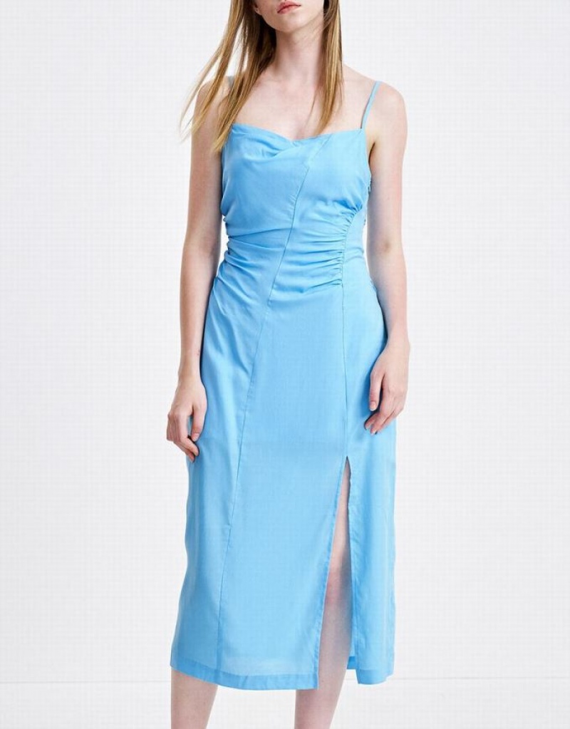 Blue Urban Revivo Plain Ruched Cami Women\'s Dress | PZOCGI-317