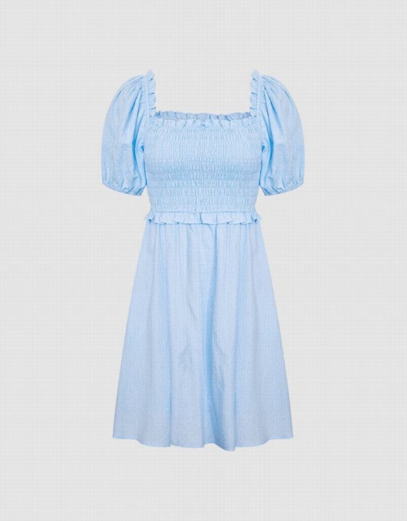 Blue Urban Revivo Plain Shirred Puff Sleeve Women's Casual Dress | PFZYKH-417