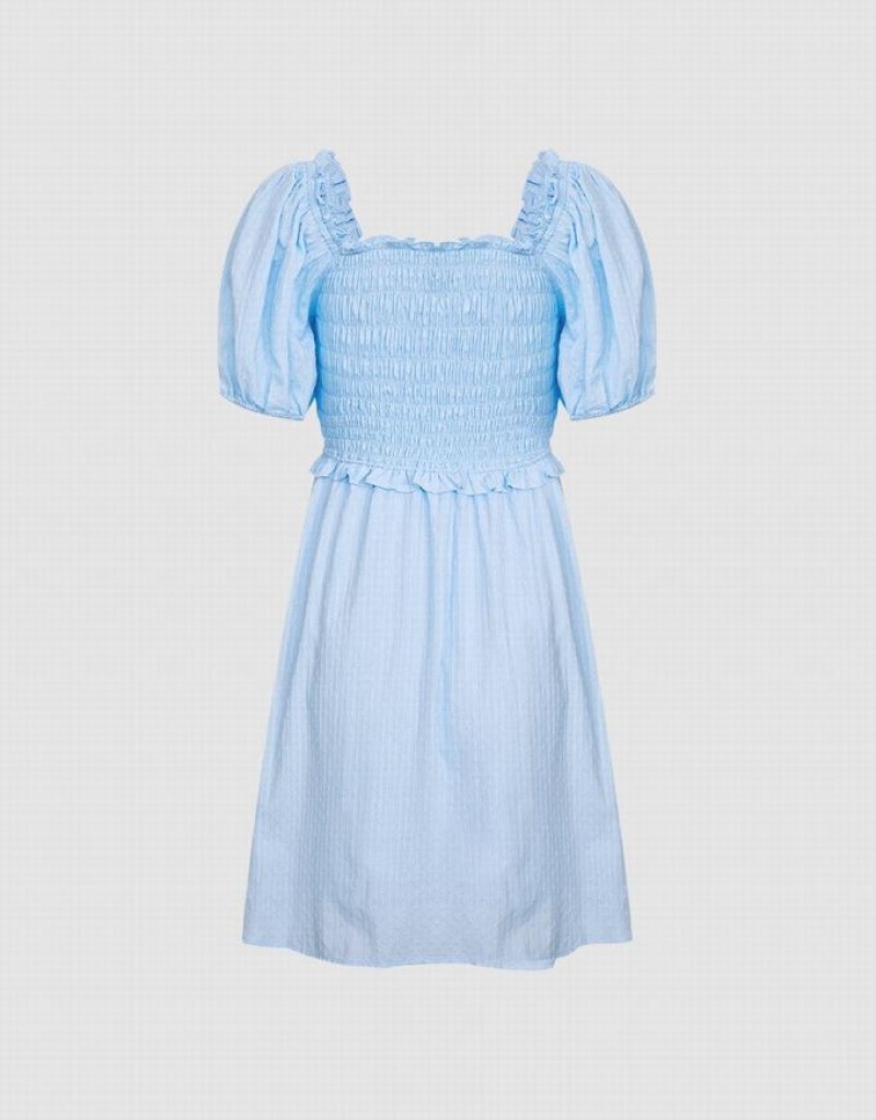 Blue Urban Revivo Plain Shirred Puff Sleeve Women\'s Casual Dress | PFZYKH-417