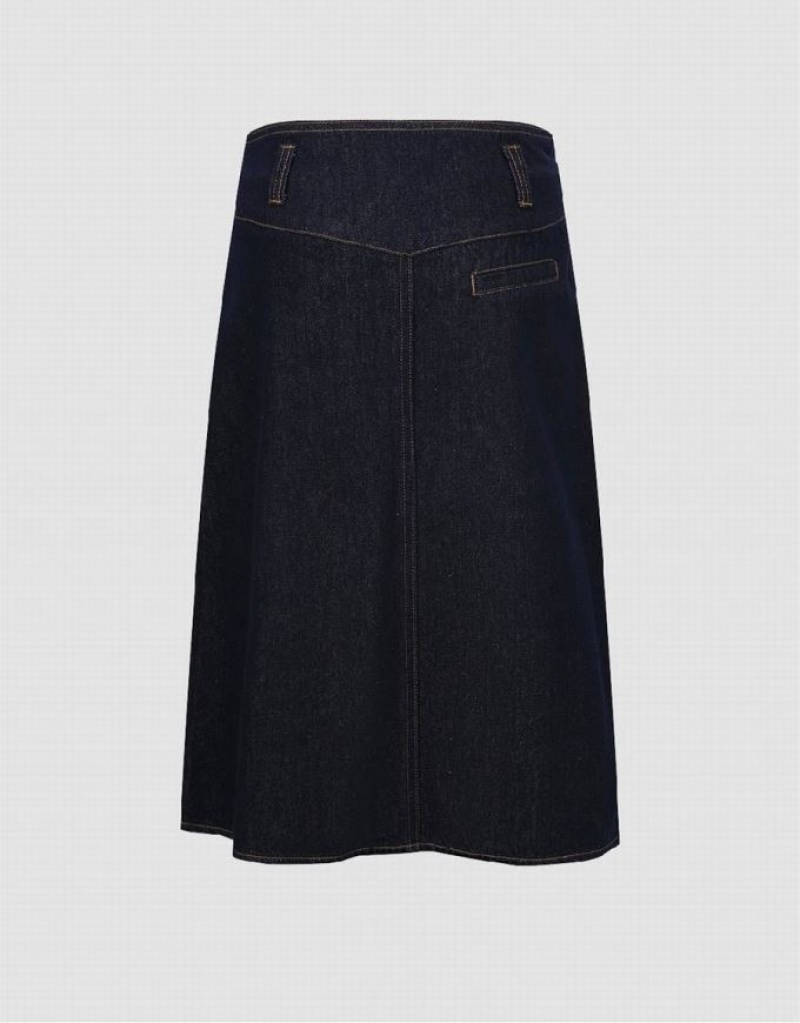 Blue Urban Revivo Pleated Midi A-Line Women's Denim Skirt | TSPZQI-052
