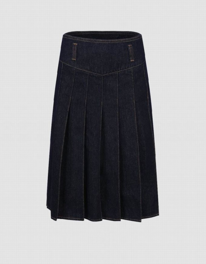Blue Urban Revivo Pleated Midi A-Line Women\'s Denim Skirt | TSPZQI-052