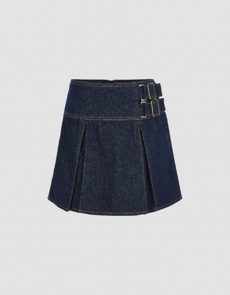Blue Urban Revivo Pleated Mini Women\'s Denim Skirt | CMGOXE-296